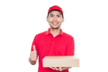 Asian delivery man in red shirt and cap standing with parcel post box. Concept Deliveryman.