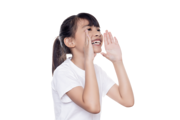Young Asian girl hands up in a shouting gesture. Speaking with hands gesture near mouth.