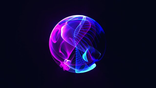 Bright glowing rotating particle 3d sphere in the Universe. Abstract technology, science, engineering and artificial intelligence background. Animated energy orb. Purple and blue. Seamless loop. 
