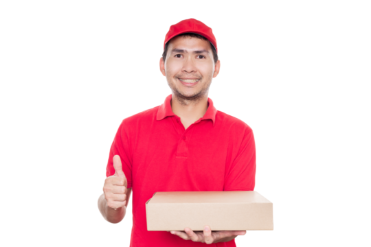 Asian delivery man in red shirt and cap standing with parcel post box. Concept Deliveryman.