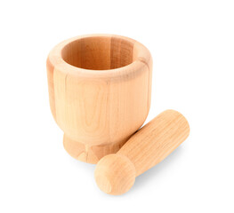 Wooden mortar with pestle isolated on white background