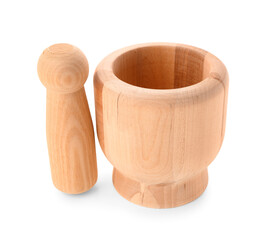 Wooden mortar with pestle isolated on white background