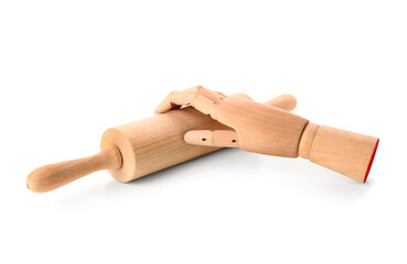 Wooden hand with rolling pin isolated on white background