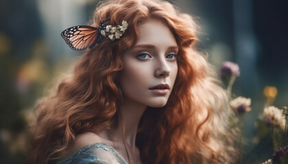 Fototapeta premium Redhead beauty in nature, smiling at camera generated by AI