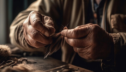 Craftsman hand skillfully repairs leather shoe generated by AI