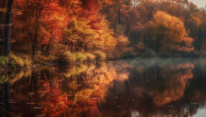 Vibrant autumn colors reflect on tranquil pond generated by AI