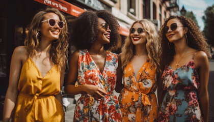 Fototapeta premium Young adults smiling, enjoying summer vacations together generated by AI