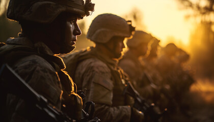 Sunset strategy Army soldiers aim rifles outdoors generated by AI - obrazy, fototapety, plakaty