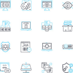 Digital Defense linear icons set. Cybersecurity, Encryption, Firewall, Malware, Phishing, Identity, Breach line vector and concept signs. Authentication,Vulnerability,Intrusion outline illustrations