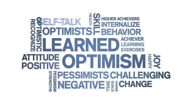 Learned Optimism animated tag word cloud;text design animation kinetic typography seamless loop.