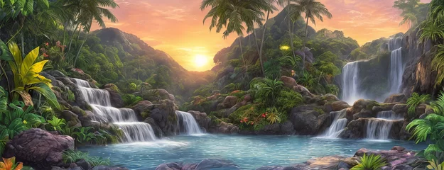 Keuken foto achterwand Fantasie landschap Fantasy landscape with waterfalls, panorama. Generative AI