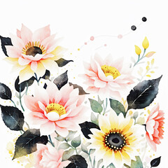 Watercolor, various flowers and birds, beautiful