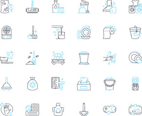 Sweeping linear icons set. Broom, Clean, Dust, Sweep, Tidy, Vacuum, Brush line vector and concept signs. Collect,Debris,Duster outline illustrations