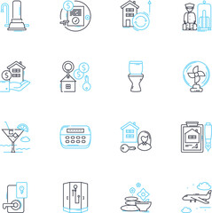 Hospitality sector linear icons set. Accommodation, Service, Tourism, Resort, Destination, Guest, Hospitality line vector and concept signs. Lodging,Reception,Retreat outline illustrations
