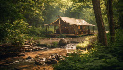 Tranquil scene of old hut in forest generated by AI
