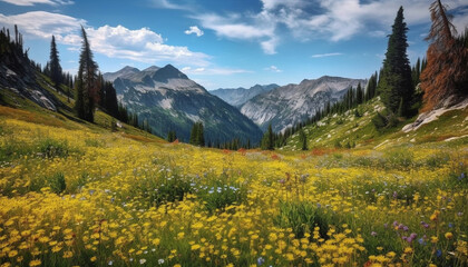 Majestic mountain range, tranquil meadow, multi colored wildflowers generated by AI