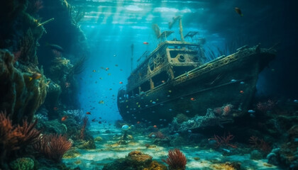 Deep sea adventure exploring shipwreck and sea life generated by AI