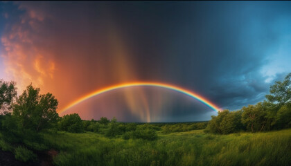 Fototapeta na wymiar Vibrant rainbow colors illuminate majestic dark sky generated by AI