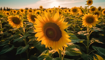Obraz premium Golden sunflower shines in vibrant summer meadow generated by AI