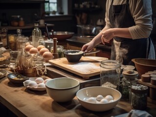 A table with various cooking ingredients and utensils