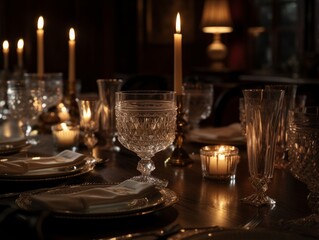 An elegantly set dining table with candles, fine china, and crystal glassware