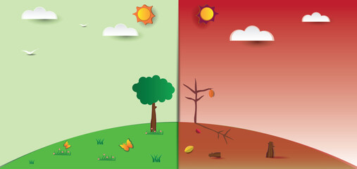 Nature divided in two halves clean and pollution vector illustration. ecology and environment concept.
