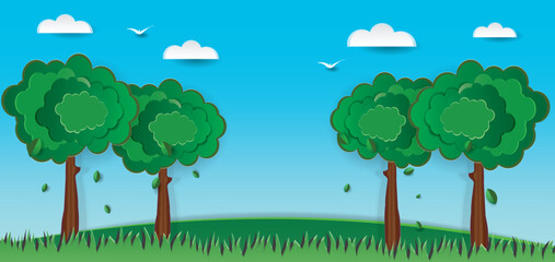 Green nature landscape scenery poster in paper cut style. clouds, trees, birds. Vector illustration.