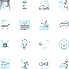 Entertainment diversion linear icons set. Amusement, Recreation, Distraction, Fun, Engagement, Escape, Pleasure line vector and concept signs. Enjoyment,Play,Excitement outline illustrations