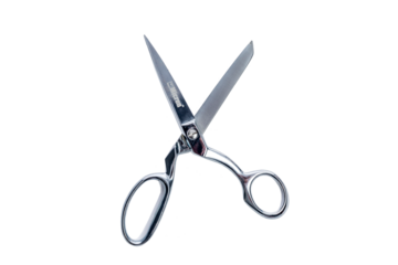 Open metal tailor scissors. Accessories and tools for hobbies and sewing profession. Close-up. Without background.