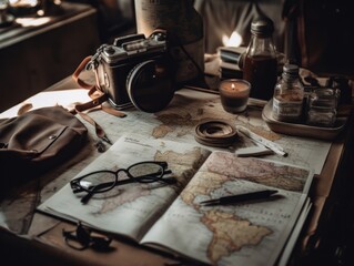 A table covered with a map, compass, and travel accessories like a camera, sunglasses, and a notebook