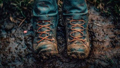 Muddy hiking boots, dirty shoelaces, outdoor adventure generated by AI