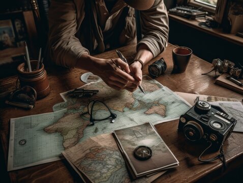 A table covered with a map, compass, and travel accessories like a camera, sunglasses, and a notebook