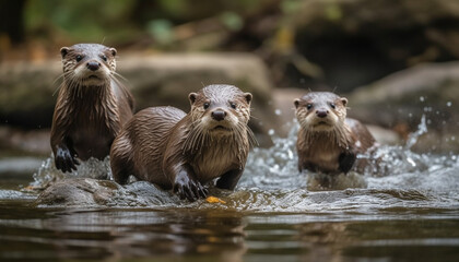Fototapeta premium Cute seal splashing in wet tropical forest generated by AI