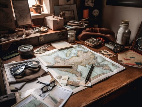 A table covered with a map, compass, and travel accessories like a camera, sunglasses, and a notebook