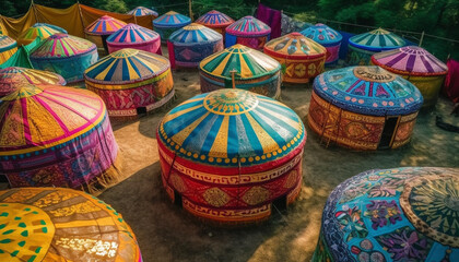 Vibrant colors adorn traditional festival lanterns outdoors generated by AI