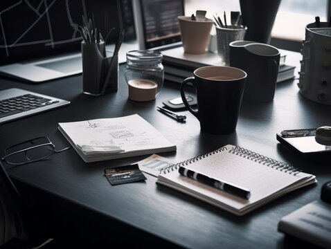 A productive and organized environment is depicted by a workspace table