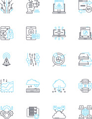 Digital communication linear icons set. Email, Texting, Socialmedia, Messaging, Videoconferencing, Onlinechat, Voicemail line vector and concept signs. Webinar,Telecommunication,Internet outline