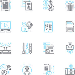 Film linear icons set. Cinema, Director, Comedy, Drama, Action, Romance, Thriller line vector and concept signs. Horror,Adventure,Animation outline illustrations
