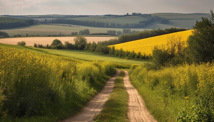 Tranquil summer meadow, yellow canola, blue sky generated by AI