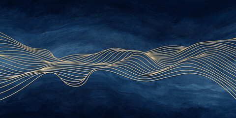 Abstract line art wavy smooth flowing dynamic gold gradient on dark blue paint background luxury style in concept wave, ocean, mountain © korkeng