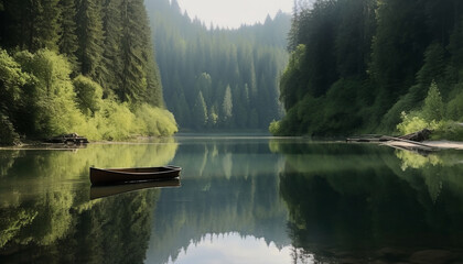 Tranquil scene of green forest and reflection generated by AI