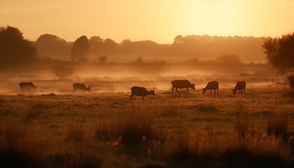 Cattle grazing in tranquil meadow at sunset generated by AI