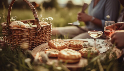 Caucasian family enjoys homemade picnic in nature generated by AI