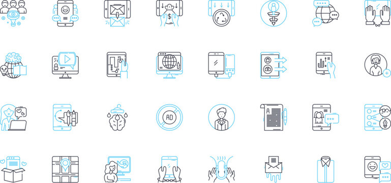 Content experience linear icons set. Engagement, Storytelling, Personalization, Navigation, Design, Interactivity, Immersive line vector and concept signs. Responsive,Curation,Accessibility outline