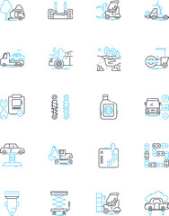 Automotive industry linear icons set. Vehicles, Automobiles, Cars, Trucks, Buses, Motorcycles, Fleet line vector and concept signs. Compnts,Engines,Chassis outline illustrations