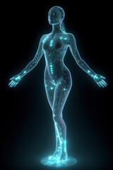 Technological hologram of a woman receiving energy. AI generation