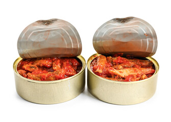 Opened tin cans with fish in tomato sauce isolated on white background