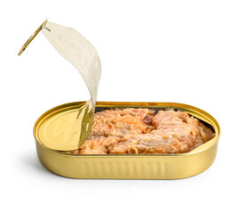 Opened tin can with fish in sauce isolated on white background