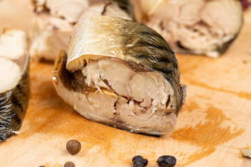 Smoked Atlantic mackerel cut into pieces