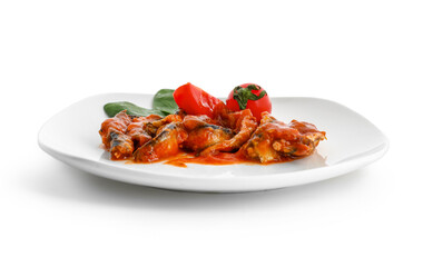 Plate with canned fish in tomato sauce isolated on white background